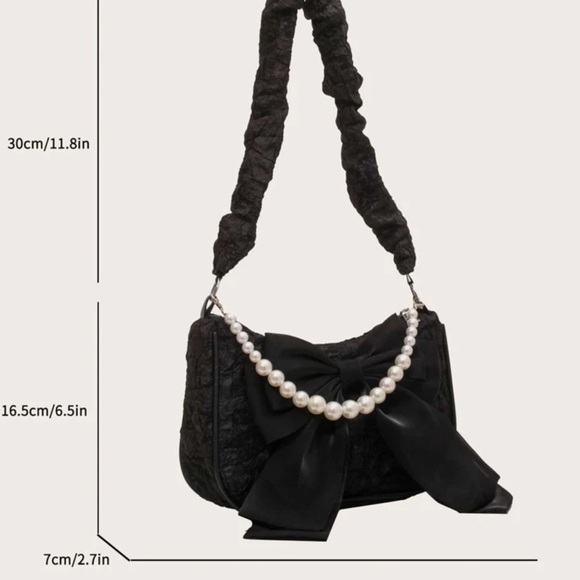 Black lace crossbody bag with pearl top handle & ribbon bow | Coquette Style NWT - Picture 7 of 11